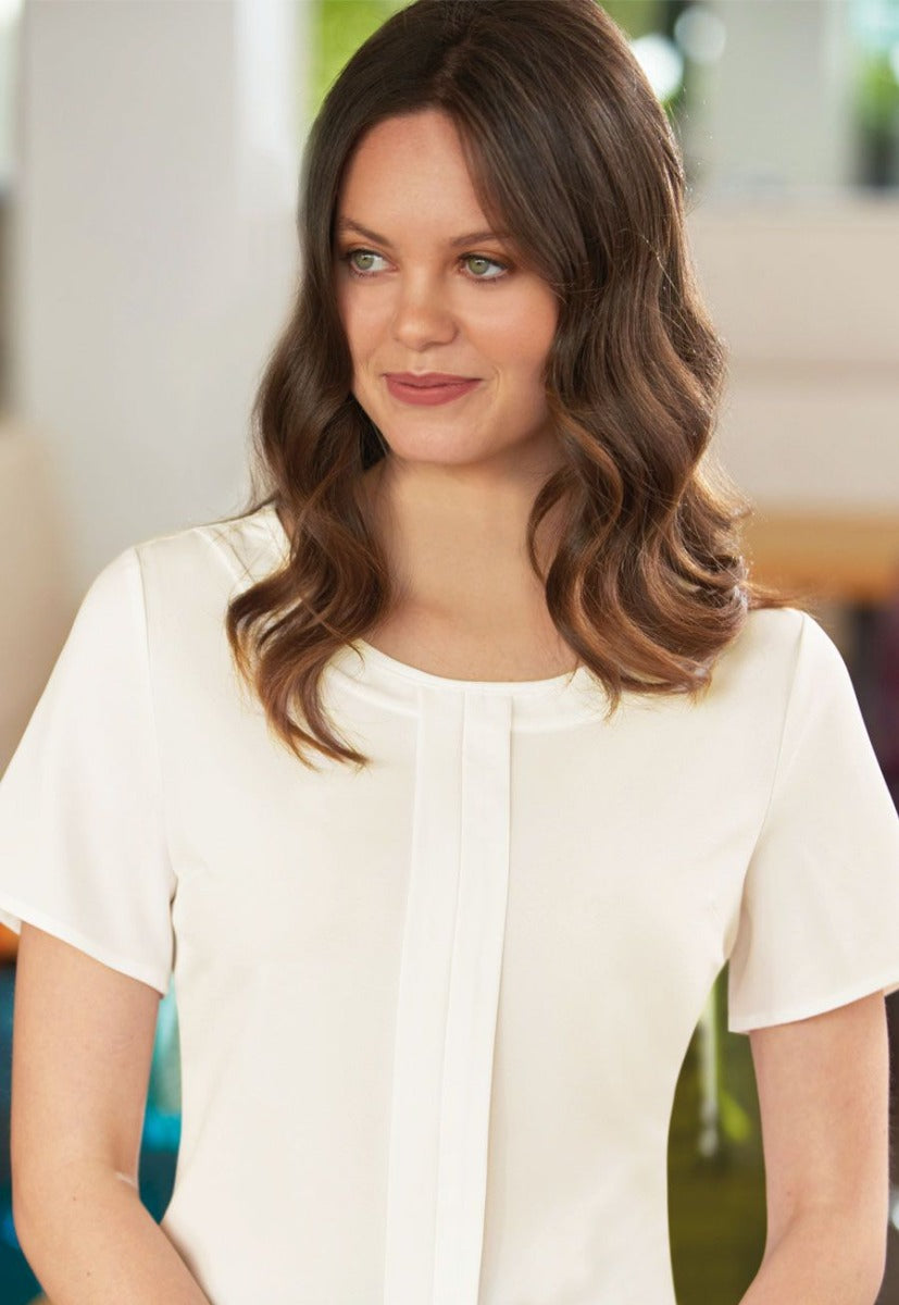 Woman In White Short Sleeve Round Neck Crepe Blouse