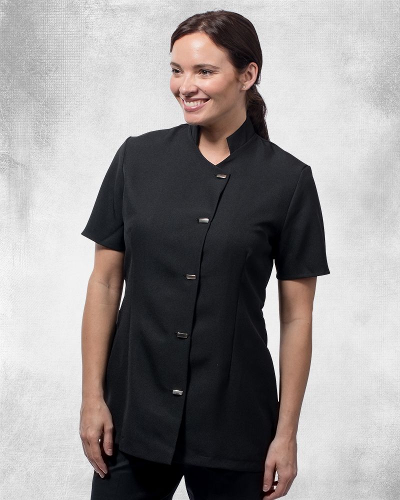 Ladies Short Sleeve Tunic Stand Collar And Feature Metal Button Fastening