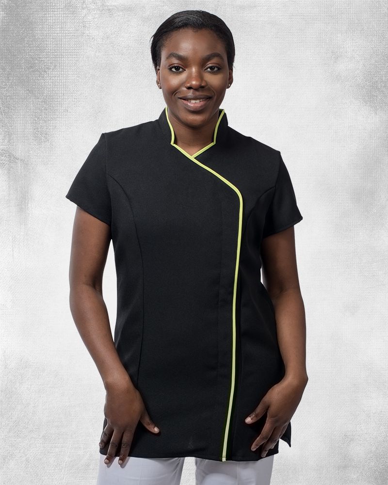 Ladies Short Sleeve Tunic With A Stand Collar And Contrast Trim On Collar And Down Asymmetric Front Edge To Hem