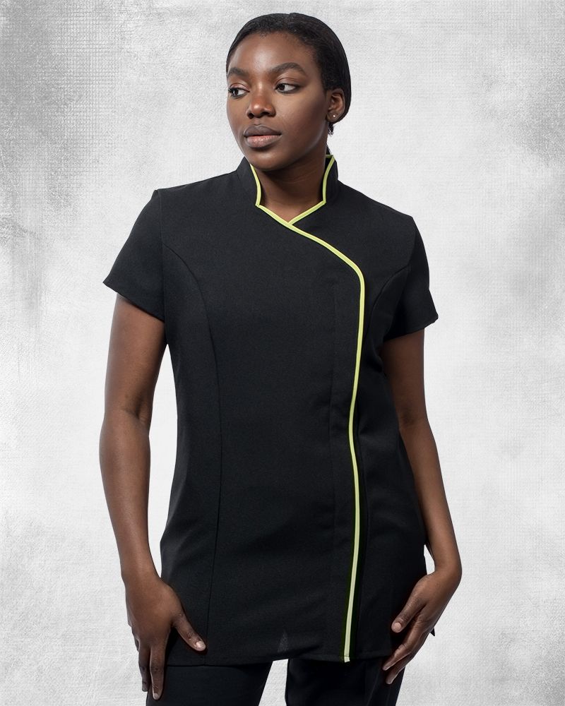 Ladies Short Sleeve Tunic With A Stand Collar And Contrast Trim On Collar And Down Asymmetric Front Edge To Hem