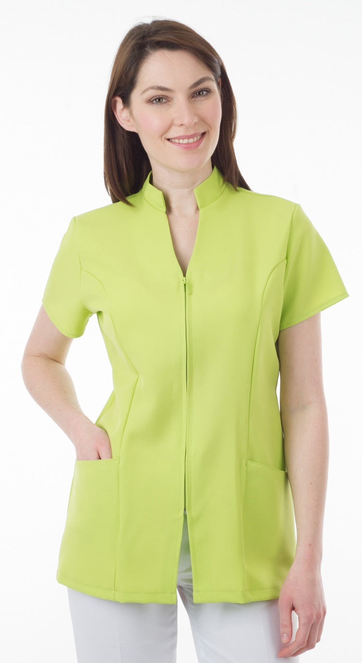 Ladies Short Sleeve Tunic With Stand Collar And Zip Fasten Front