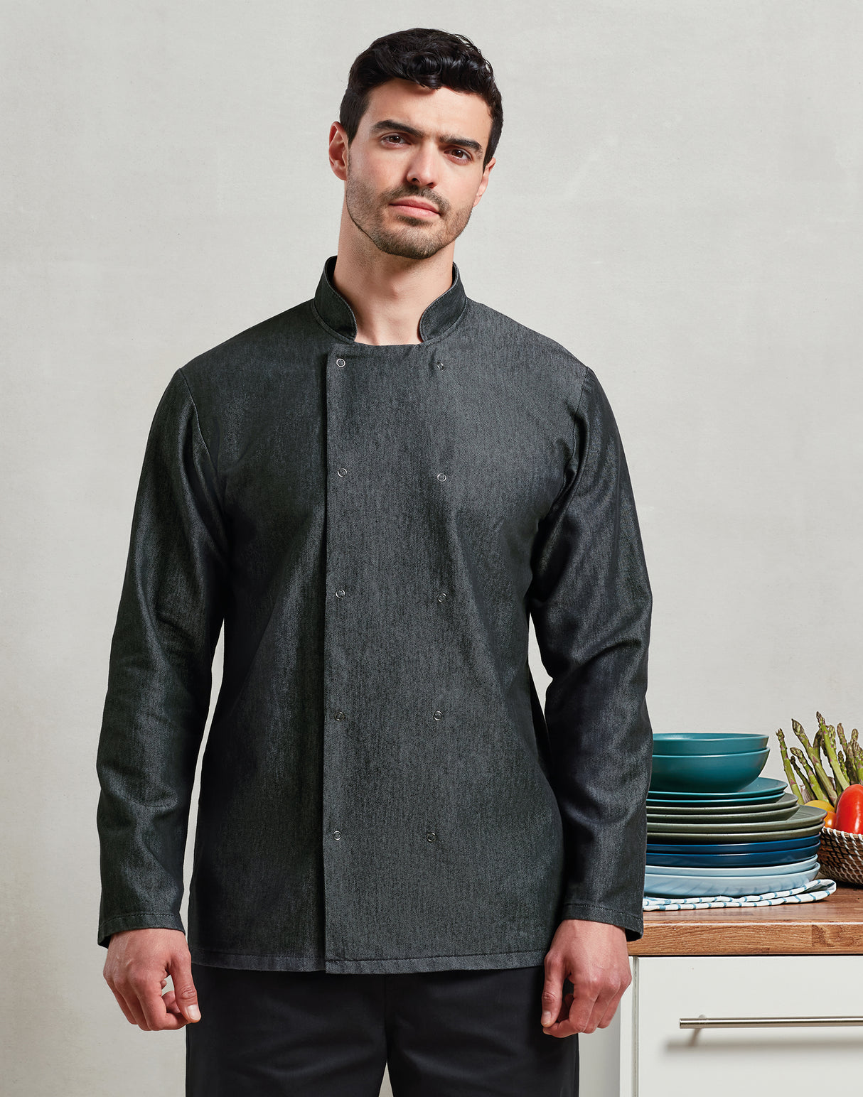 Denim Stud-Fasten Chef’s Jacket
