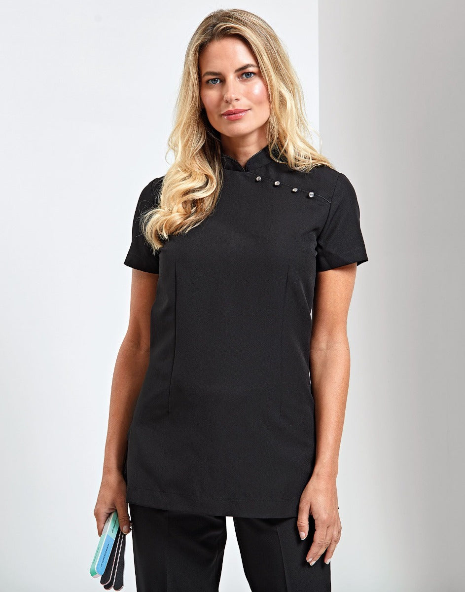 Ladies Short Sleeve Tunic Four Feature Buttons Across Left Upper section And Back Zip Fastening