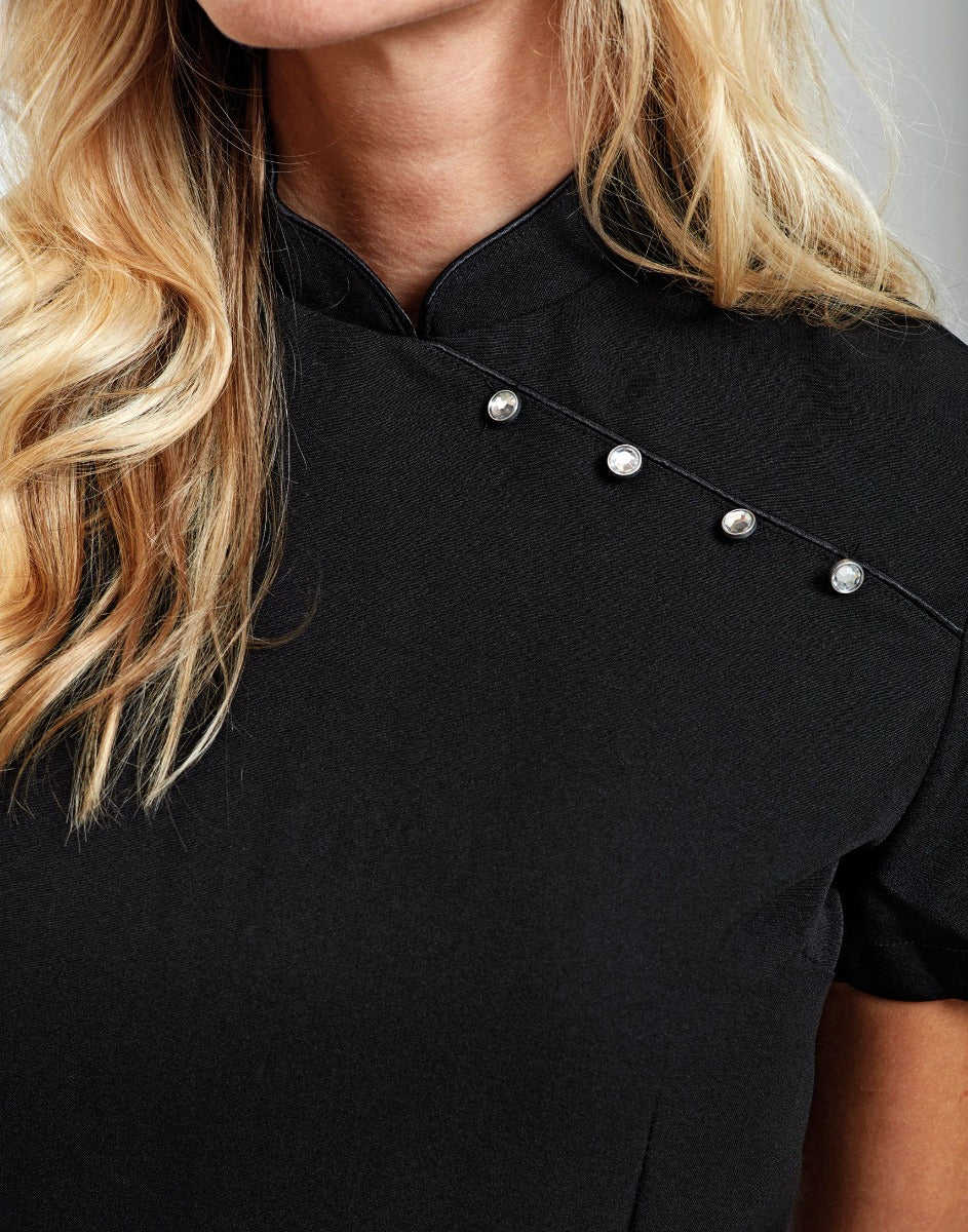 Ladies Short Sleeve Tunic Four Feature Buttons Across Left Upper section And Back Zip Fastening