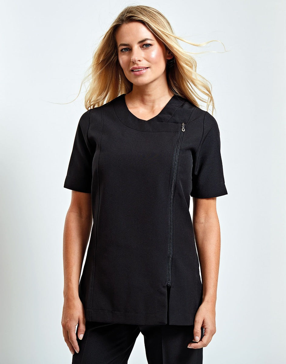 Ladies Short Sleeve Tunic With Cross Over Neckline And Asymmetric Zip Front