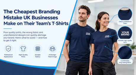 Two team members wearing matching navy T-shirts with branded chest prints