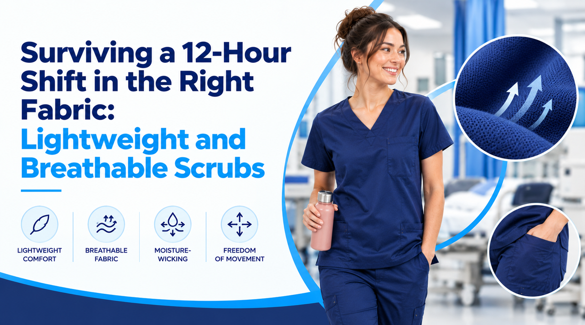 Healthcare professional wearing navy scrubs in a clinical setting, highlighting lightweight fabric and comfort during long shifts.