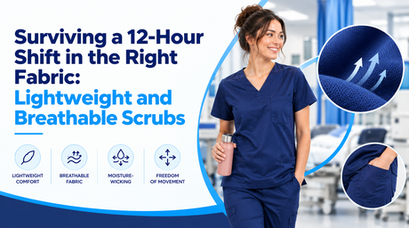 Healthcare professional wearing navy scrubs in a clinical setting, highlighting lightweight fabric and comfort during long shifts.