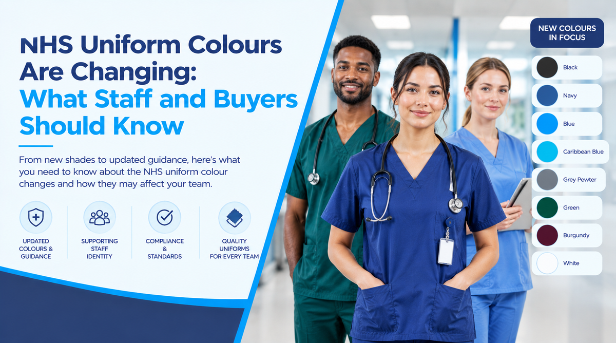 Healthcare professionals wearing blue and green scrubs in a hospital corridor