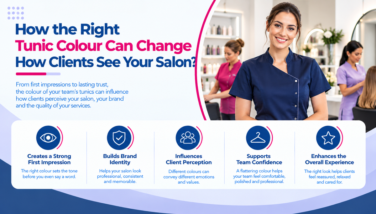 Salon professionals wearing different coloured tunics in a modern beauty salon