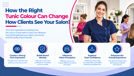 Salon professionals wearing different coloured tunics in a modern beauty salon