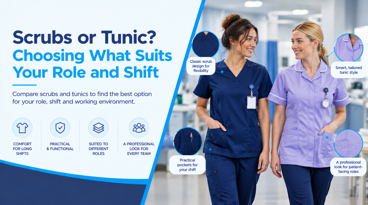 Two healthcare professionals wearing navy scrubs and a lilac tunic in a clinical setting