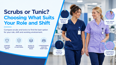 Two healthcare professionals wearing navy scrubs and a lilac tunic in a clinical setting
