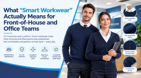 Office and front-of-house professionals wearing coordinated navy knitwear over collared shirts