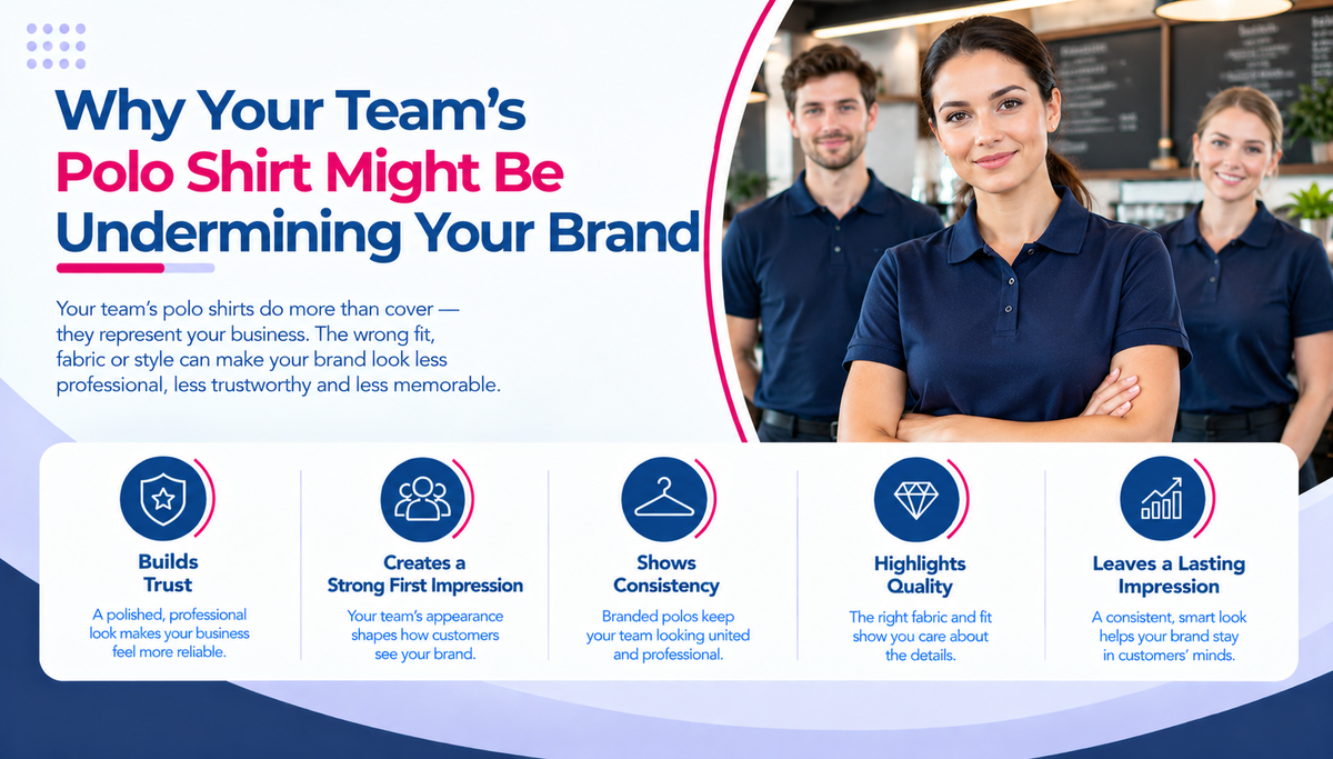 Professional team wearing coordinated polo shirts in a customer-facing workplace