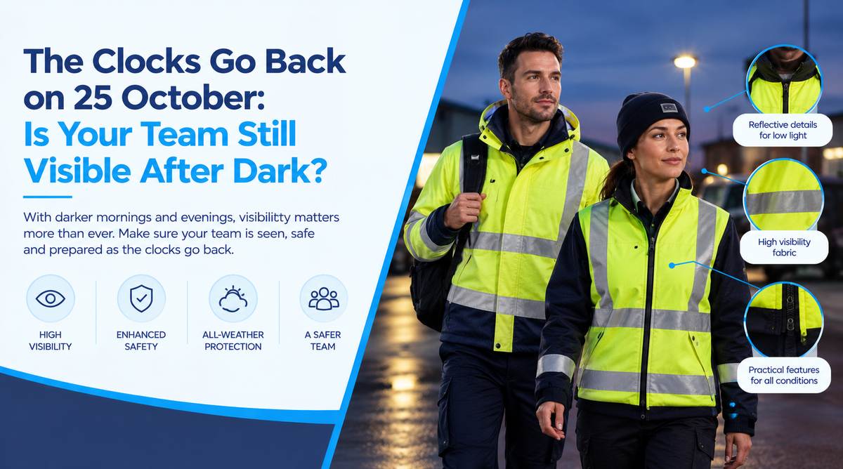 Two workers wearing high-visibility jackets with reflective strips in low-light conditions