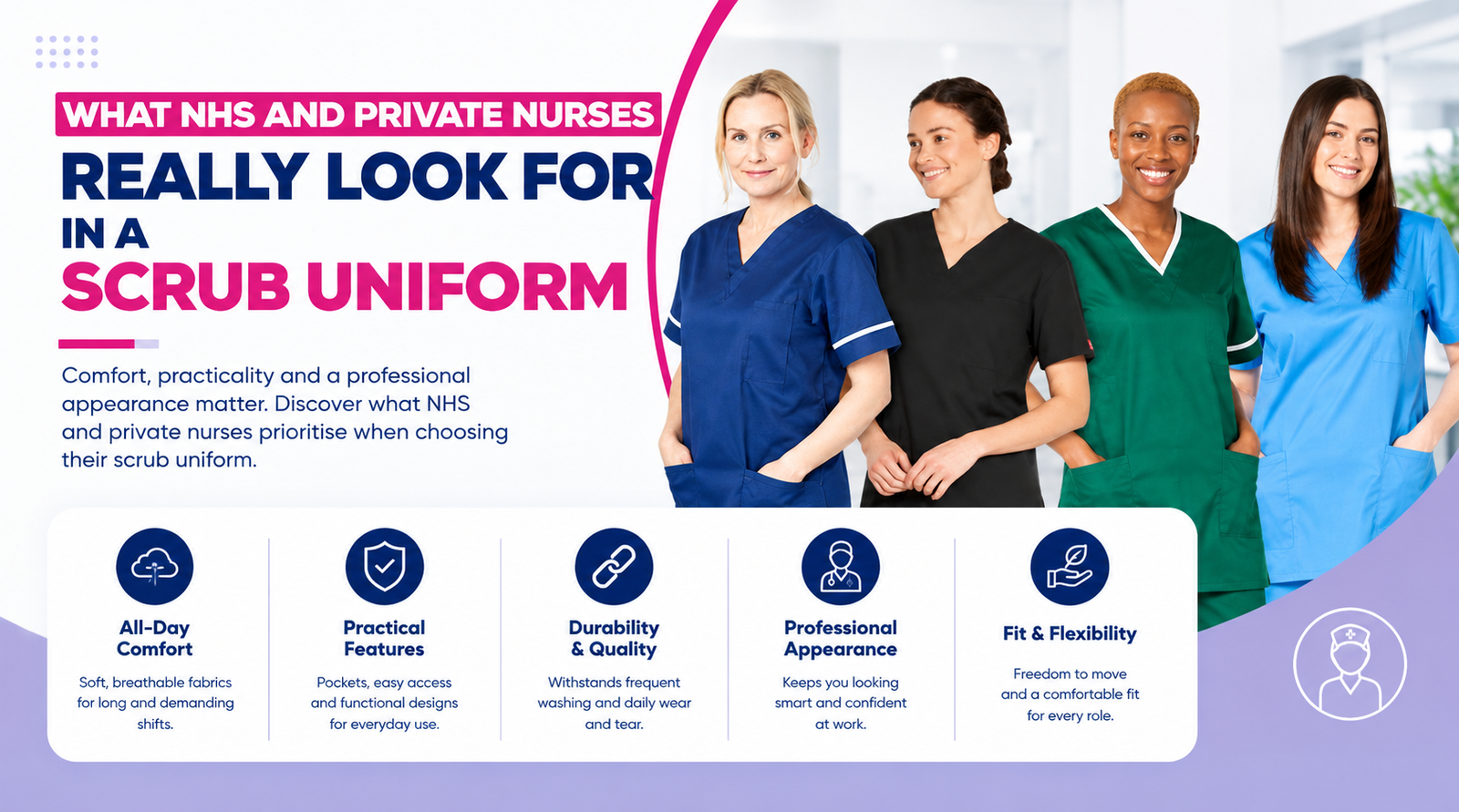 Key features NHS and private nurses look for in scrub uniforms: comfort, fit, durability, practicality, and professional appearance.