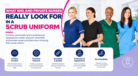 Key features NHS and private nurses look for in scrub uniforms: comfort, fit, durability, practicality, and professional appearance.