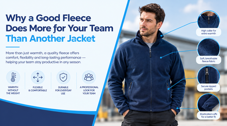 Worker wearing a navy fleece jacket with a high collar and zipped pockets