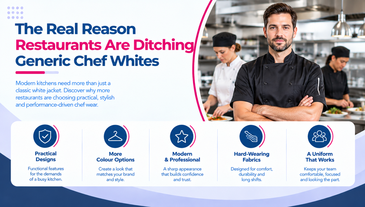 Chefs wearing modern black and white jackets in a professional restaurant kitchen