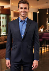 Man Wearing A Navy Blue Tailored Fit Single Breasted Business Jacket
