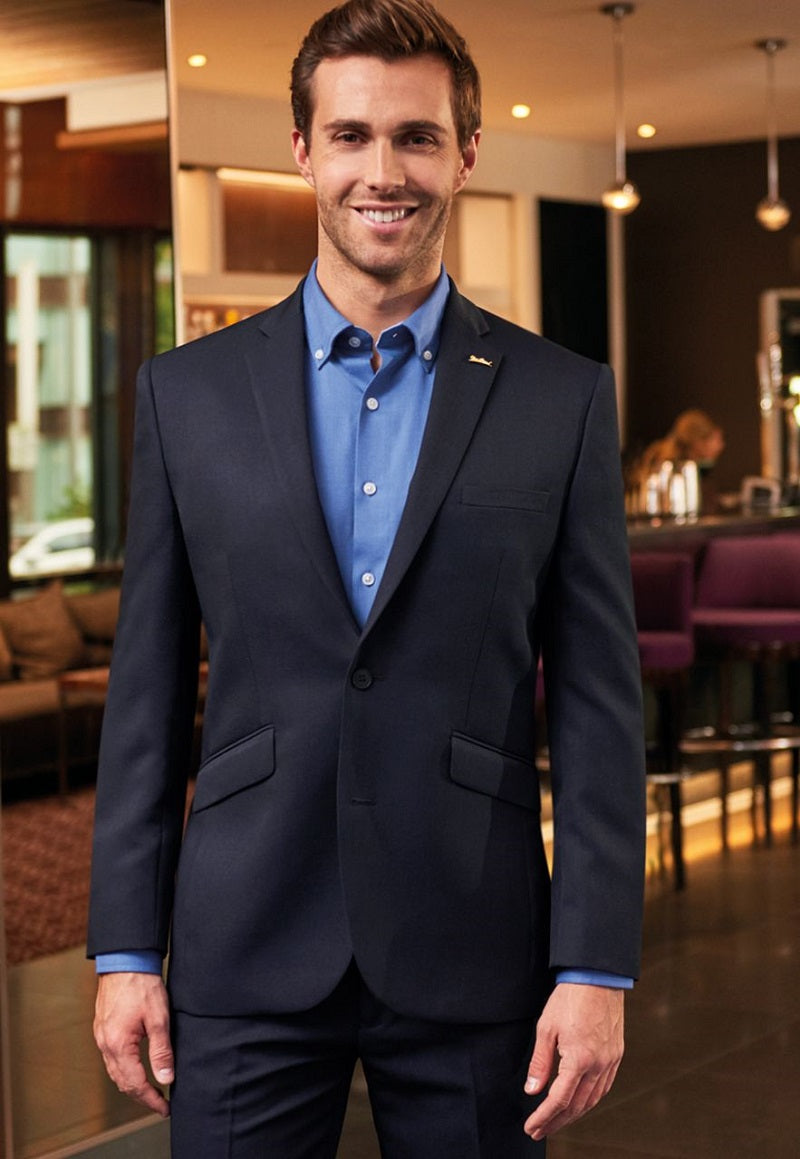 Man Wearing A Navy Blue Tailored Fit Single Breasted Business Jacket