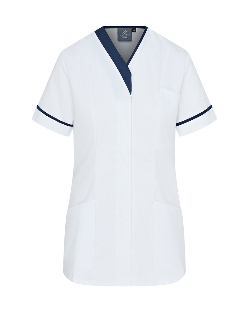 WOMEN'S CONTRAST V-NECK HOSPITAL TUNIC UNIFORM WITH ZIP FRONT