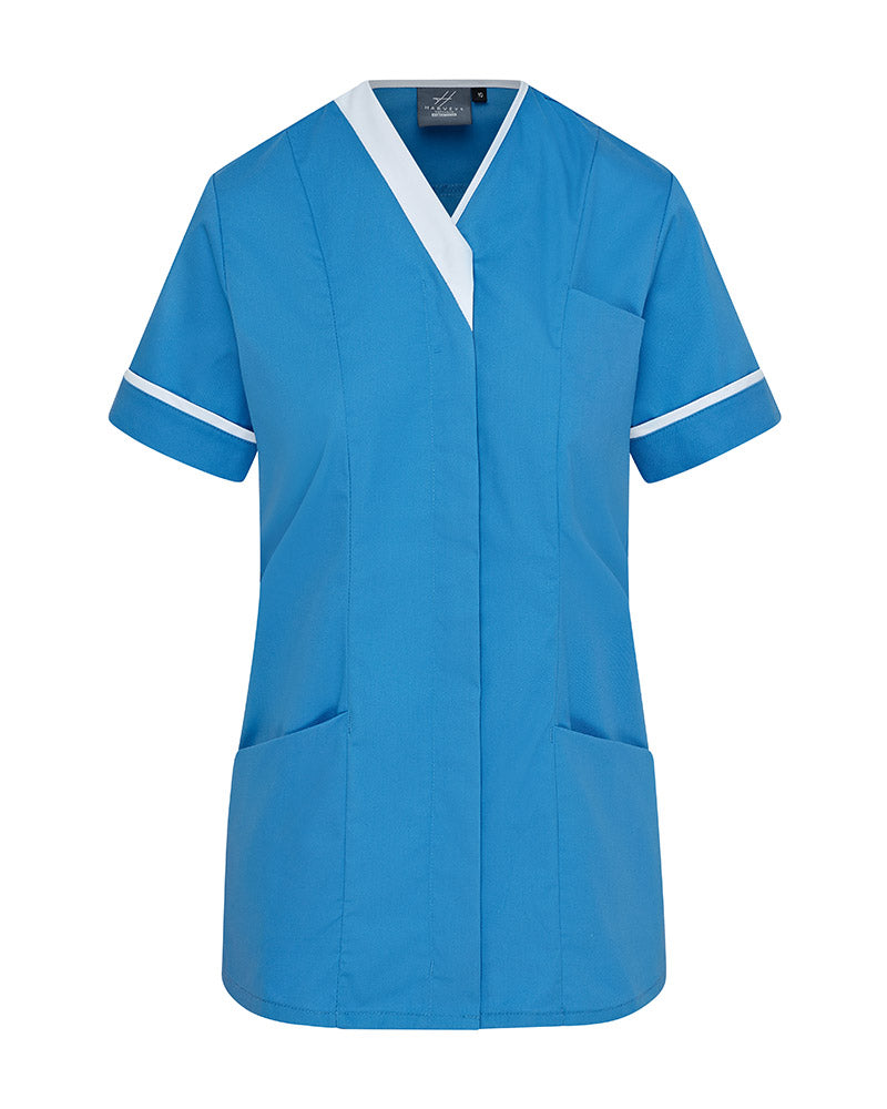 WOMEN'S CONTRAST V-NECK HOSPITAL TUNIC UNIFORM WITH ZIP FRONT