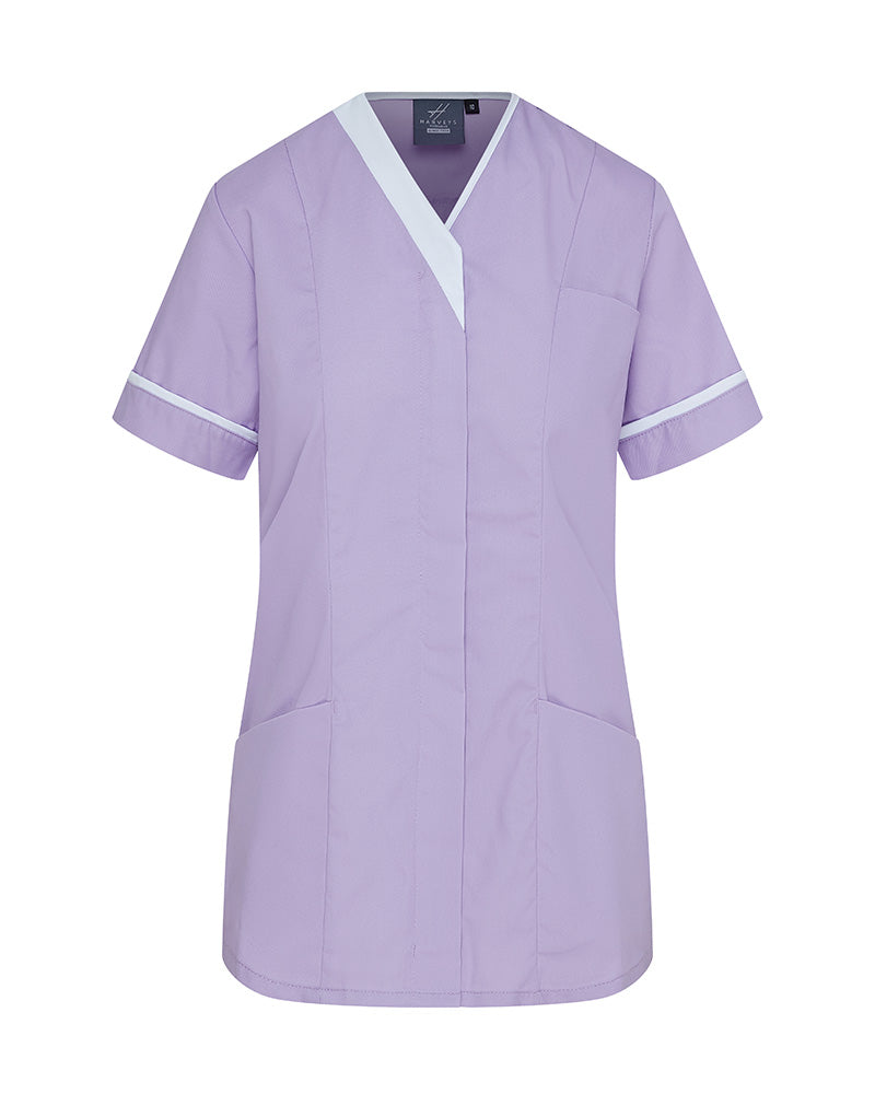 WOMEN'S CONTRAST V-NECK HOSPITAL TUNIC UNIFORM WITH ZIP FRONT - Lilac
