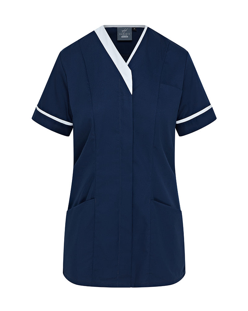 WOMEN'S CONTRAST V-NECK HOSPITAL TUNIC UNIFORM WITH ZIP FRONT