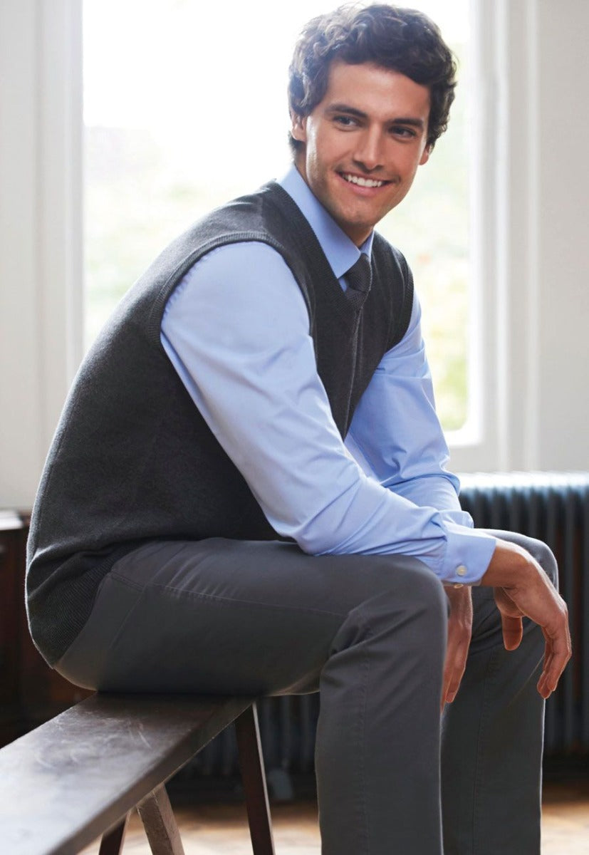 Man Wearing A Charcoal Grey V-Neck Sleeveless Jumper