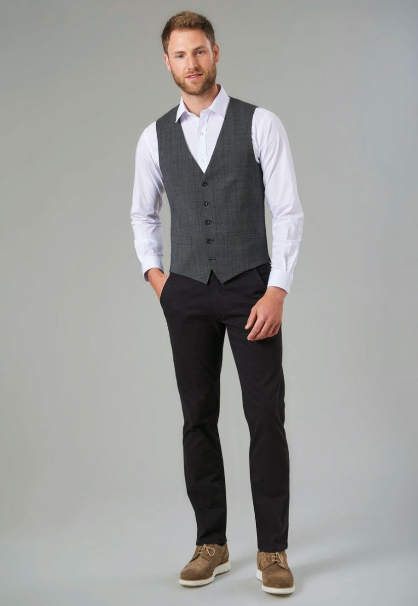 Man Wearing A Tweed Waistcoat and Black Chino Trousers