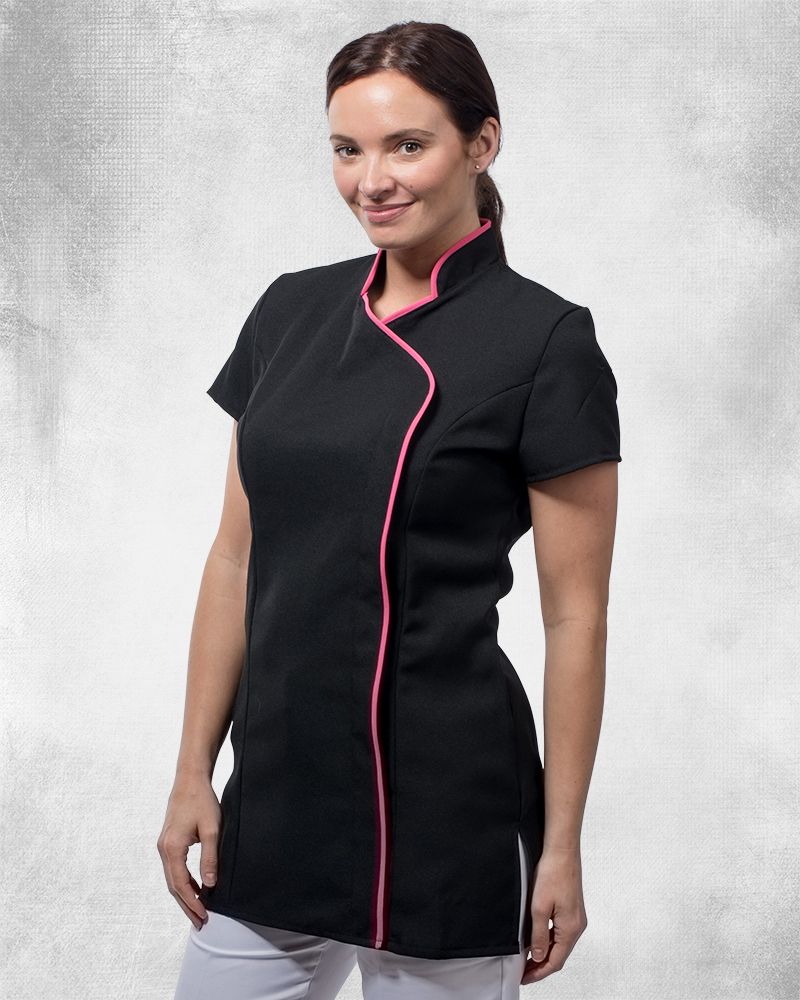 Ladies Short Sleeve Tunic With A Stand Collar And Contrast Trim On Collar And Down Asymmetric Front Edge To Hem