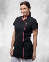 Ladies Short Sleeve Tunic With A Stand Collar And Contrast Trim On Collar And Down Asymmetric Front Edge To Hem