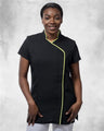 Ladies Short Sleeve Tunic With A Stand Collar And Contrast Trim On Collar And Down Asymmetric Front Edge To Hem