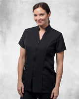 Ladies Short Sleeve Tunic With Stand Collar And Zip Fasten Front