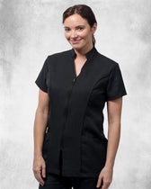 Ladies Short Sleeve Tunic With Stand Collar And Zip Fasten Front