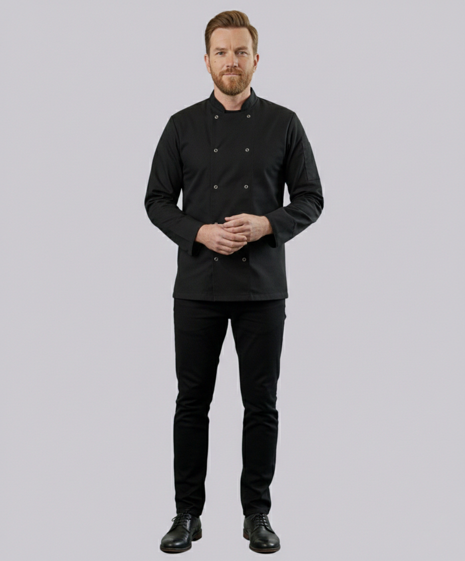 CHEF JACKET LONG SLEEVE BUTTON FASTEN (BLACK)