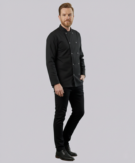 CHEF JACKET LONG SLEEVE BUTTON FASTEN (BLACK)