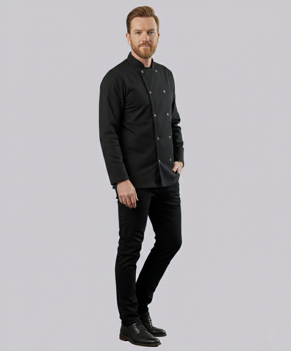 CHEF JACKET LONG SLEEVE BUTTON FASTEN (BLACK)