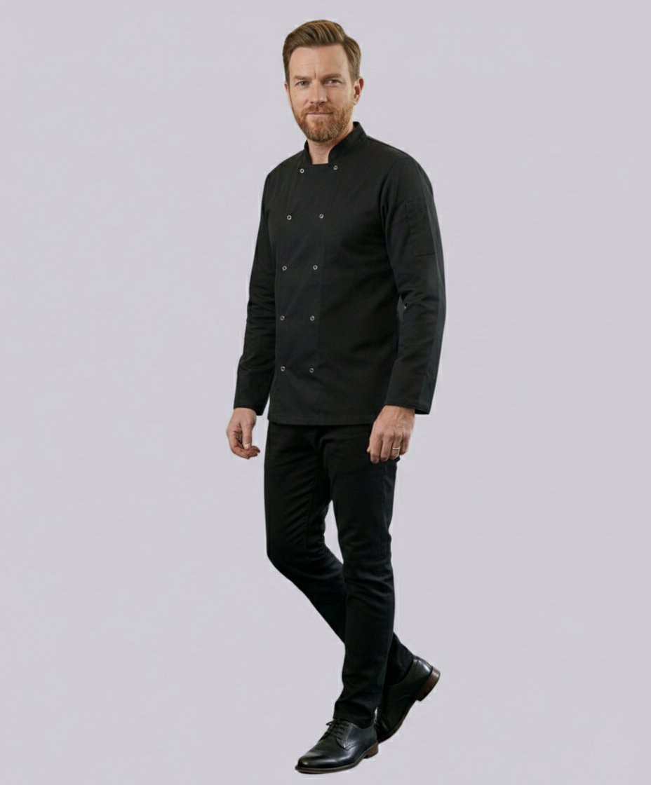 CHEF JACKET LONG SLEEVE BUTTON FASTEN (BLACK)