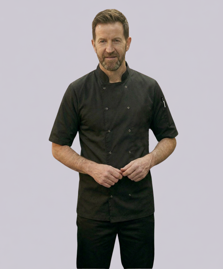 CHEF JACKET SHORT SLEEVE BUTTON FASTEN (BLACK)