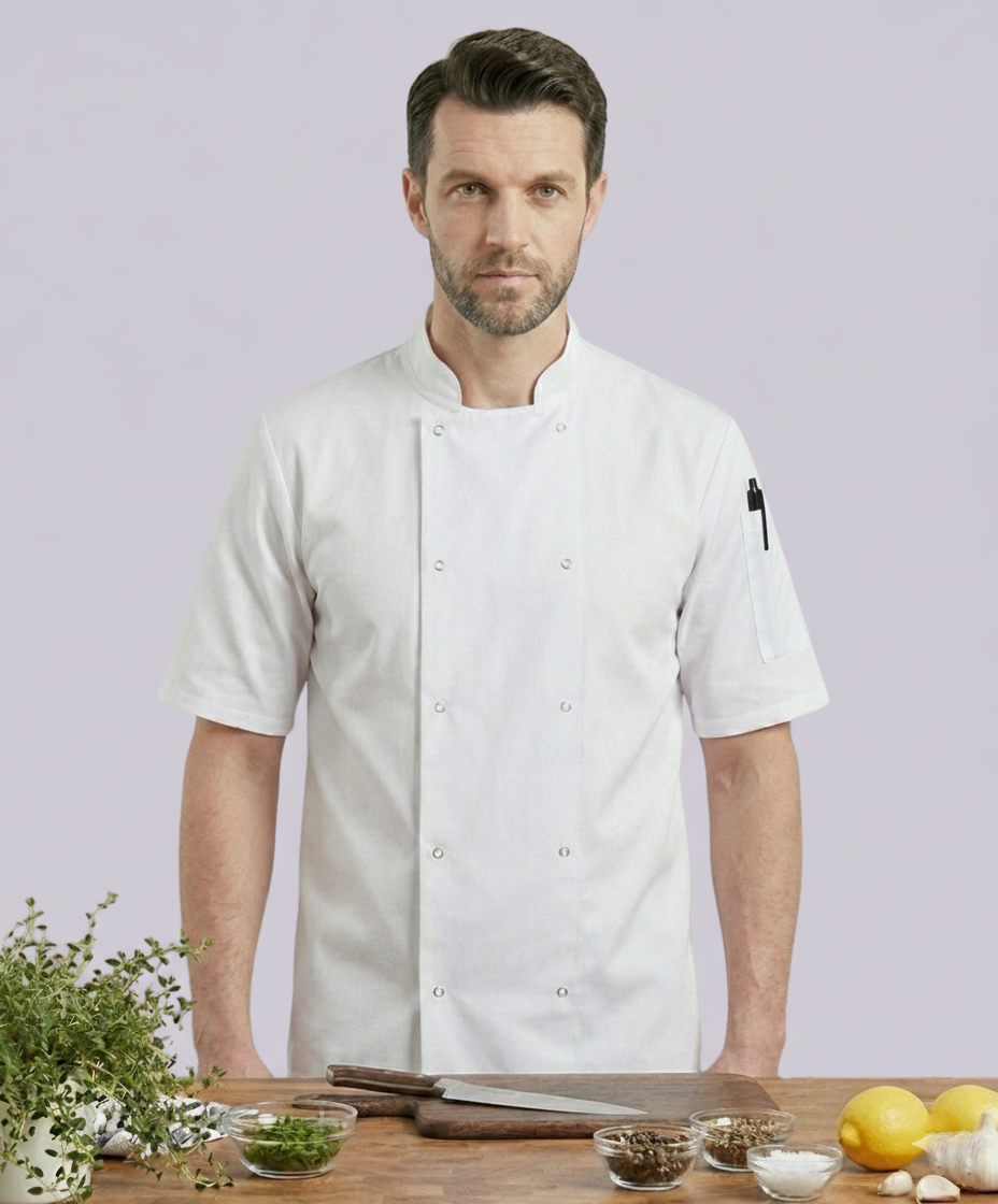 CHEF JACKET SHORT SLEEVE BUTTON FASTEN (WHITE)