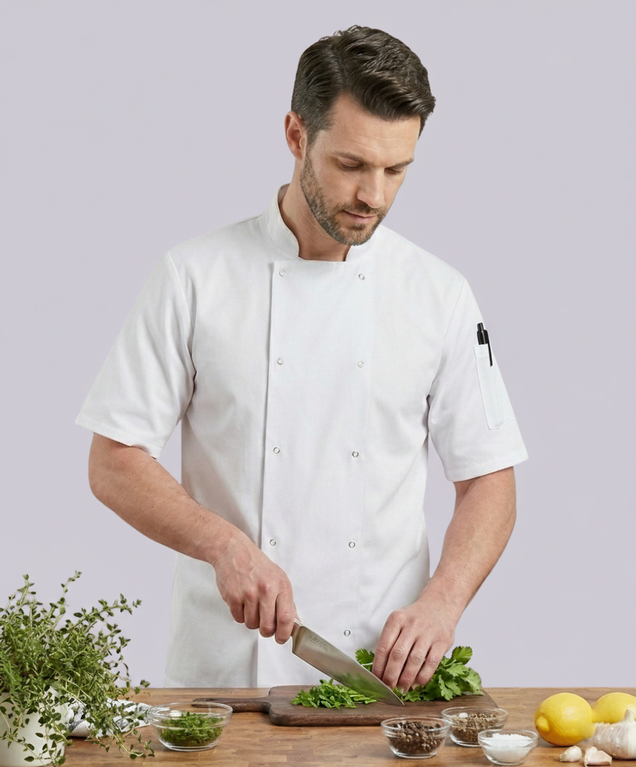 CHEF JACKET SHORT SLEEVE BUTTON FASTEN (WHITE)