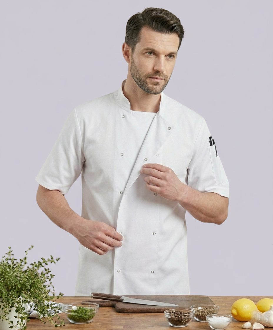 CHEF JACKET SHORT SLEEVE BUTTON FASTEN (WHITE)