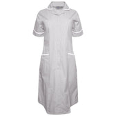 Ladies Dress with Round Collar - Grey/White Stripe