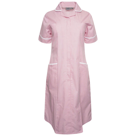Ladies Dress with Round Collar - Pink/White Stripe