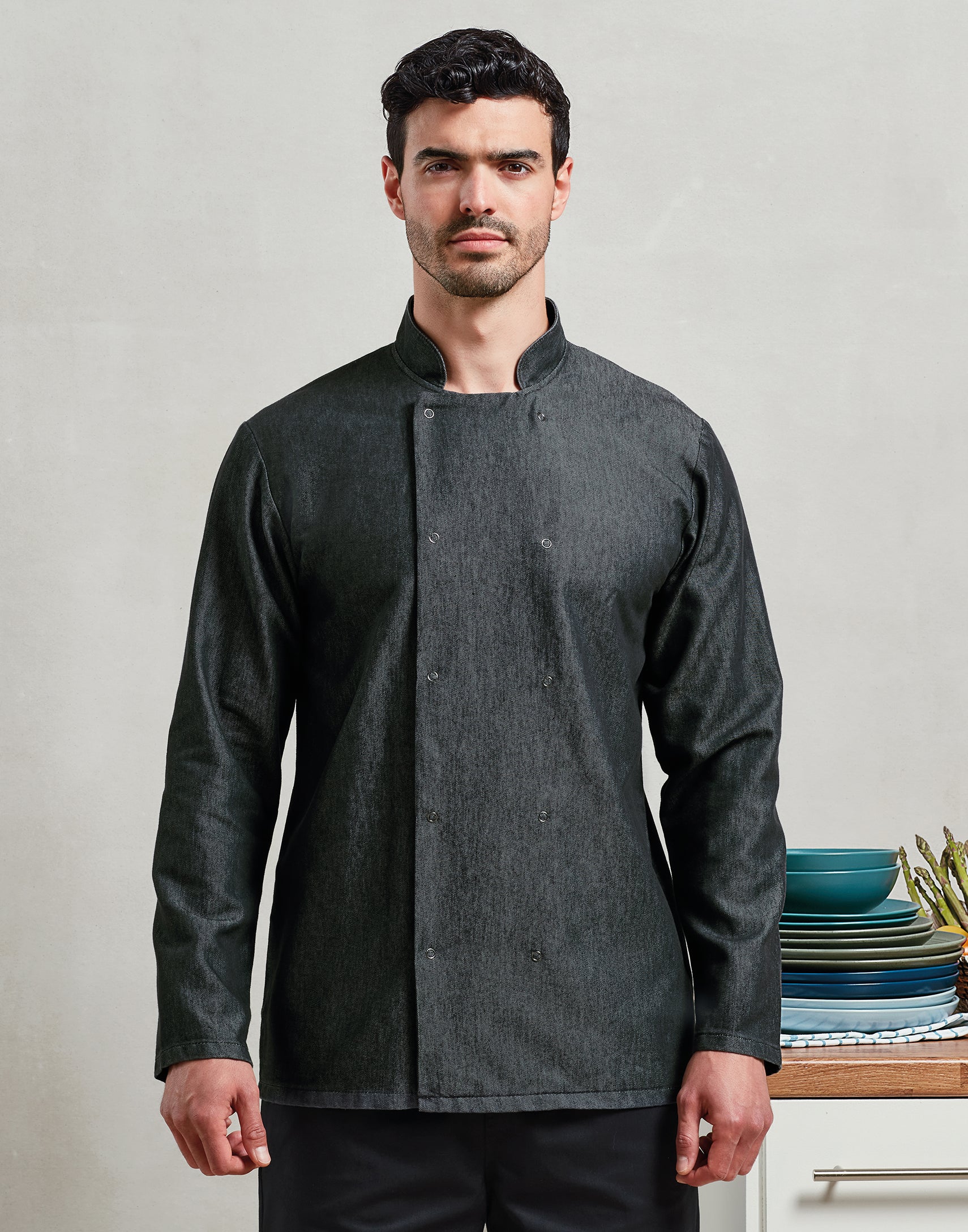 Denim Stud-Fasten Chef’s Jacket