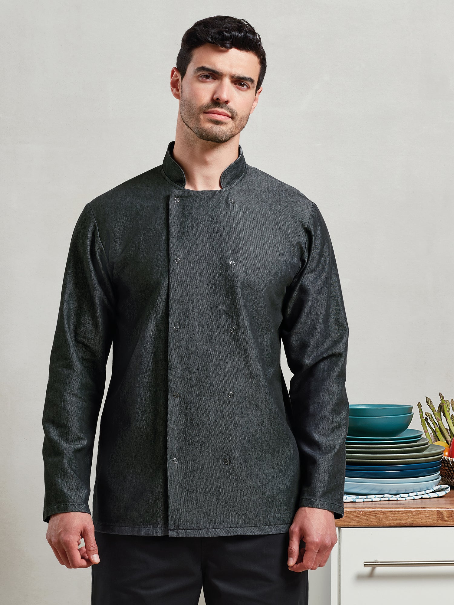 Denim Stud-Fasten Chef’s Jacket