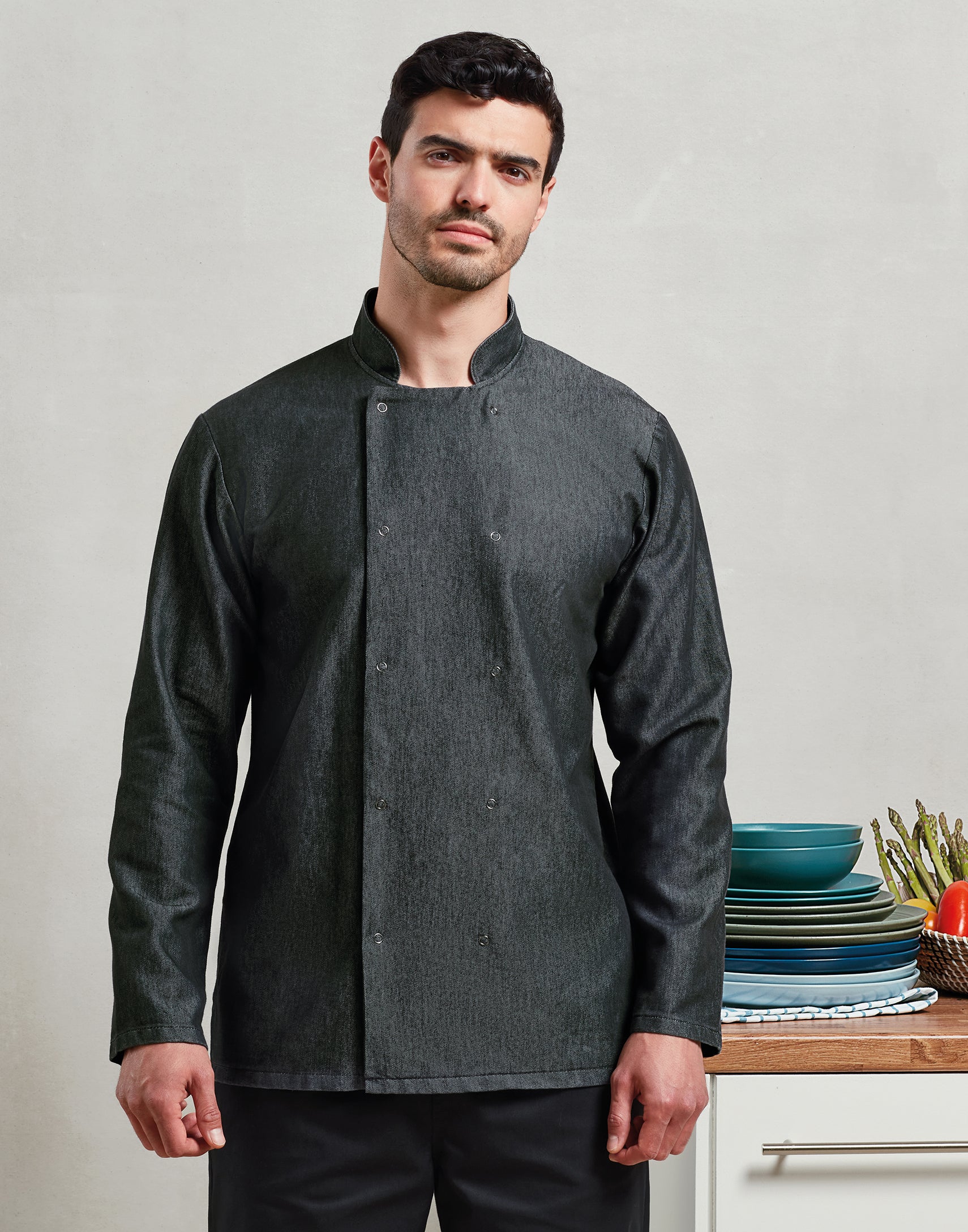 Denim Stud-Fasten Chef’s Jacket